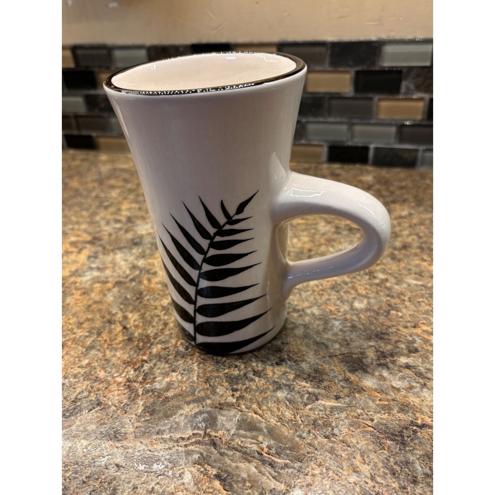 Evandale Tall White Ceramic Latte Mug Black Fern Leaf Botanical Design 6 Inch - Picture 2 of 9